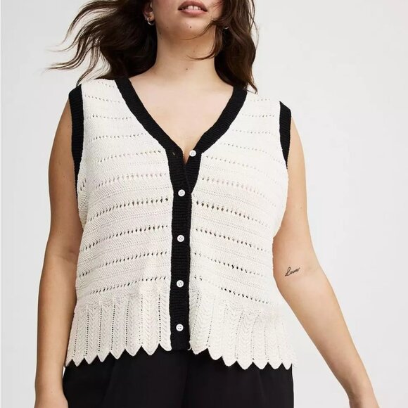 Torrid Contrast Trim Knit Pointelle Sweater Vest Preppy in Whisper White 2X - Picture 2 of 14